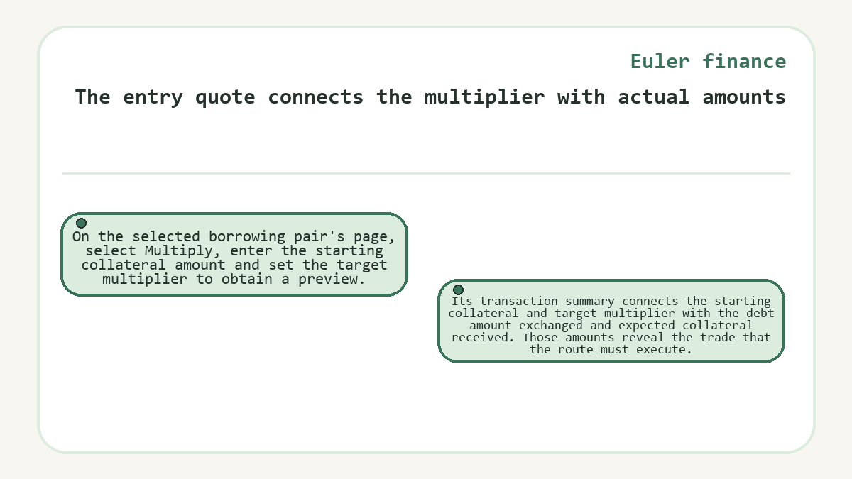 The entry quote connects the multiplier with actual amounts: On the selected borrowing pair's page, select Multiply, enter the starting collateral amount and set the target multiplier to obtain a preview.; Its transaction summary connects the starting collateral and target multiplier with the debt amount exchanged and expected collateral received. Those amounts reveal the trade that the route must execute.